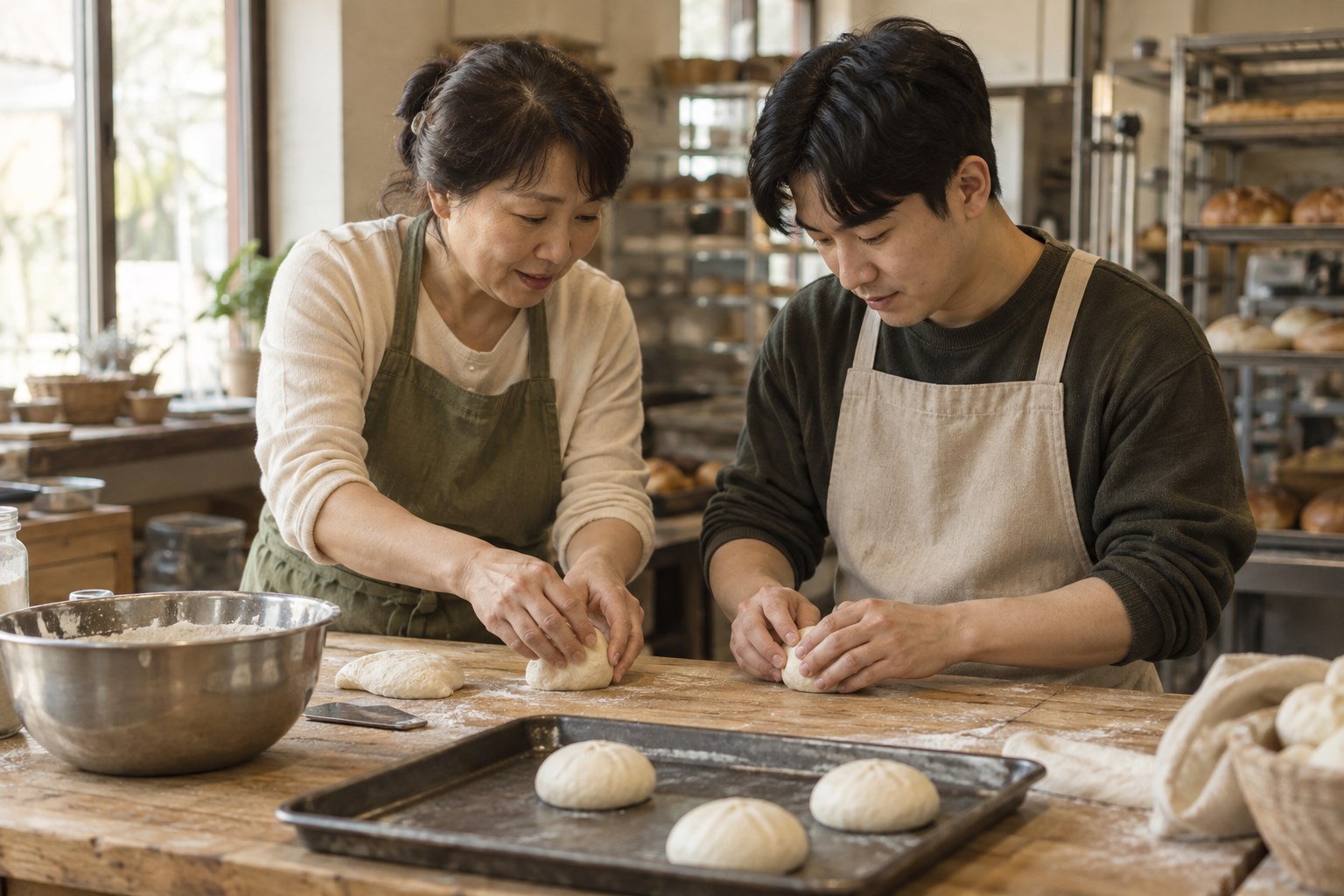 작은 제빵 작업장에서 동료와 함께 반죽을 배우는 가상 장면
